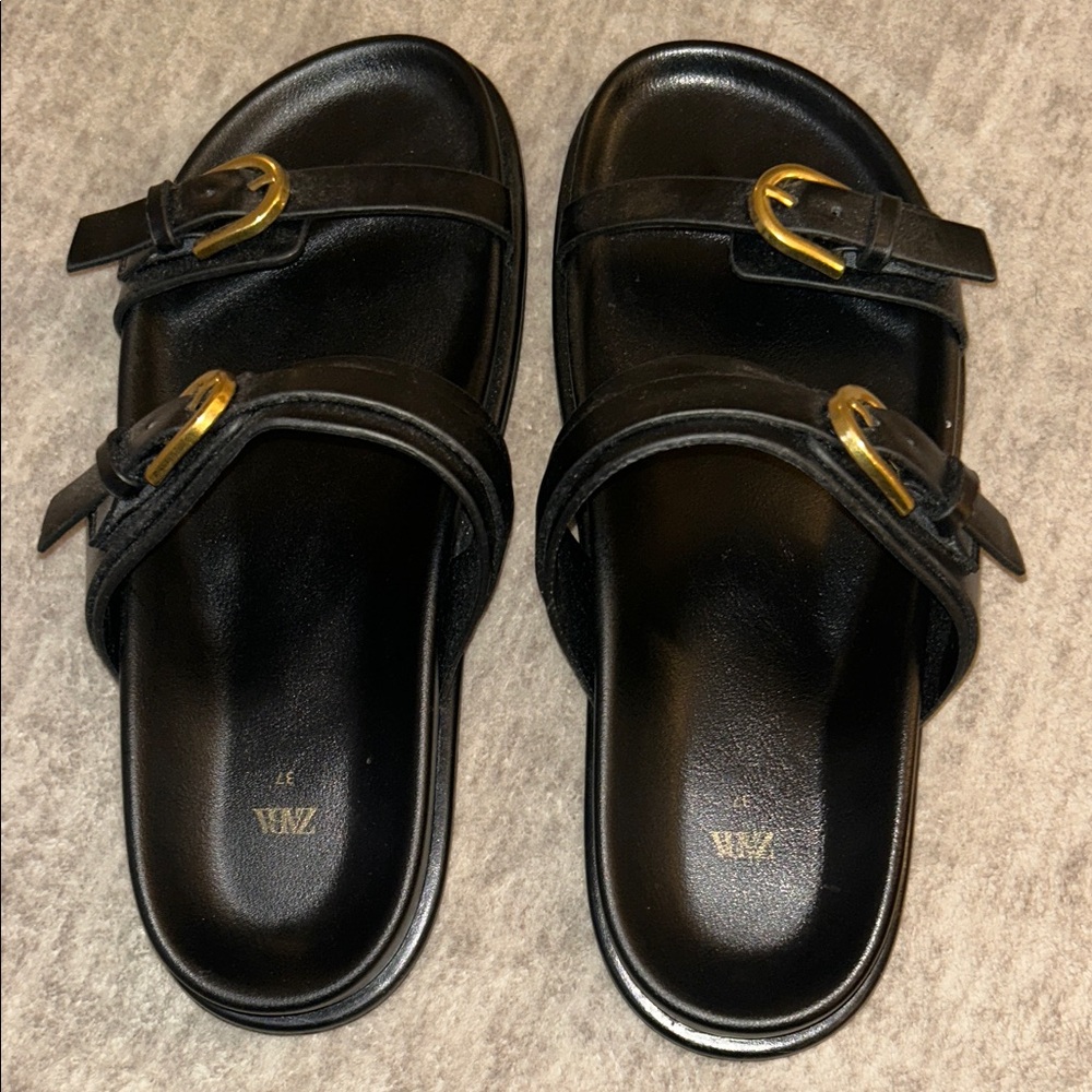 Zara Black Slides with Gold Accents